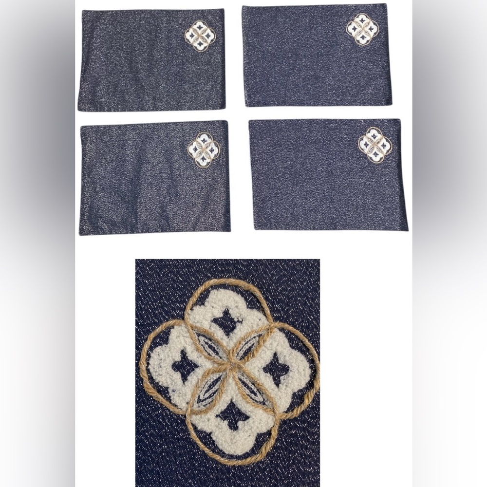 Unbranded Set of 4 Navy Blue Linen Placemats, silver sparkly lurex fabric